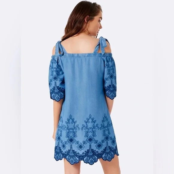 EVER NEW | Denim Embroidered Off The Shoulder Dress Sz US 6 - Picture 3 of 8